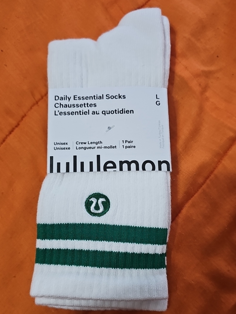 Lululemon Daily Essential Socks, Sz Large! Crew Length! WHT/RCGR
